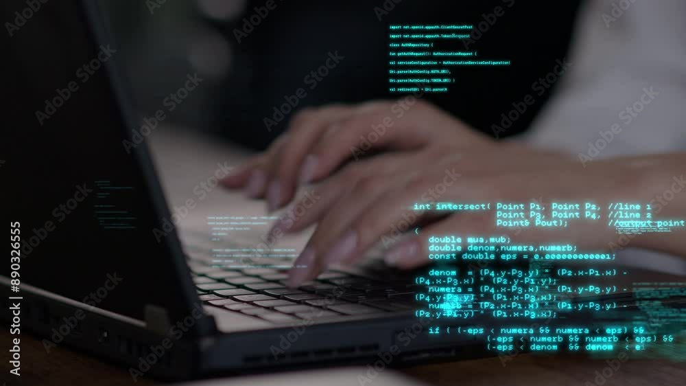 Neon holograms of computer code appear in different parts of the screen. Close-up of a computer hacker typing code on his laptop. The fingers of a developer programmer typing on the keyboard, 4k.