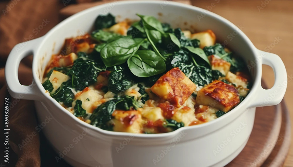 Casserole with fresh spinach in white vessel. Casserole with fresh spinach in white vessel.