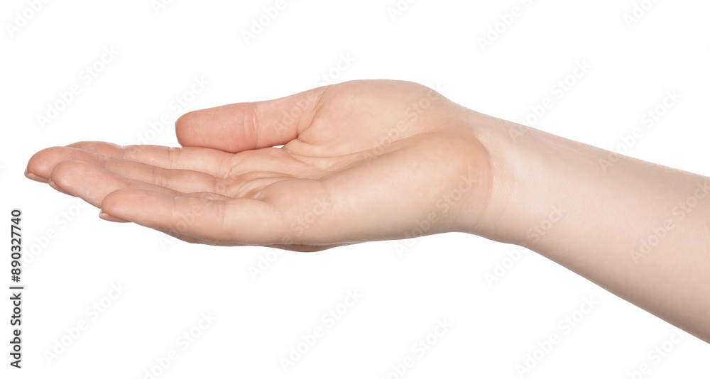 Woman showing hand on white background, closeup Woman showing hand on white background, closeup