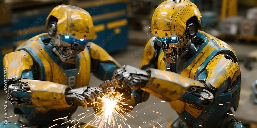 Two robots welding in a factory. Two robots welding in a factory.