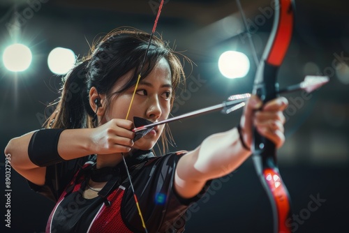 A modern archer aims bow with precision, the spotlight highlighting focused expression. The equipment reflect sophistication of contemporary archery.