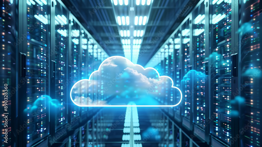 Cloud service for storing digital data concept poster. Big date electronic computer technology creative background. Data storage servers. Cloud computing hosting. AI artwork.
