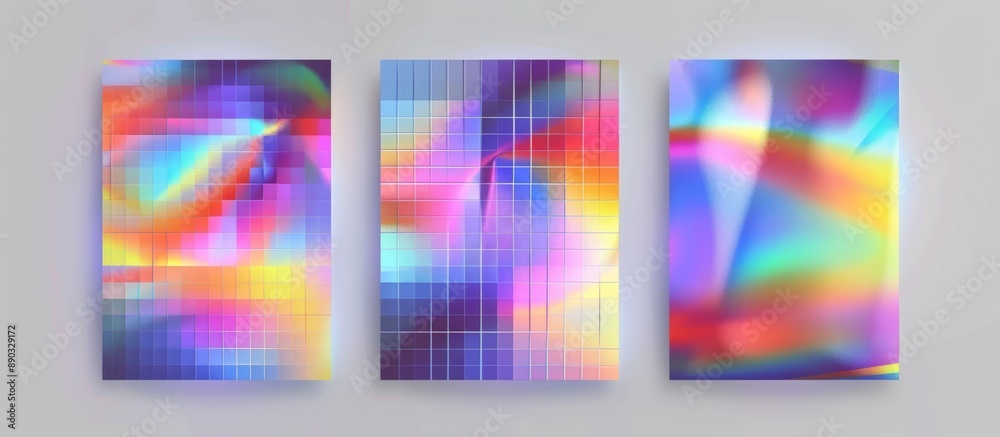 Three panels of abstract, vibrant, iridescent artwork displayed side by side Three panels of abstract, vibrant, iridescent artwork displayed side by side