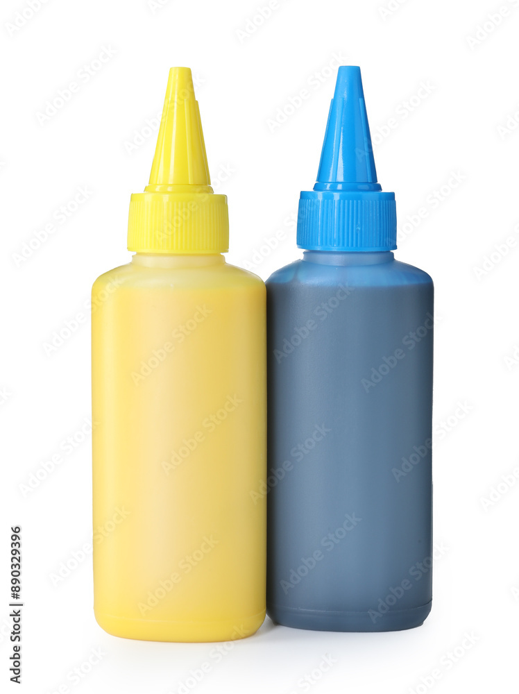Bottles of different printer ink isolated on white Bottles of different printer ink isolated on white