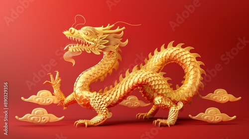 An ornate golden dragon against a red background © StasySin