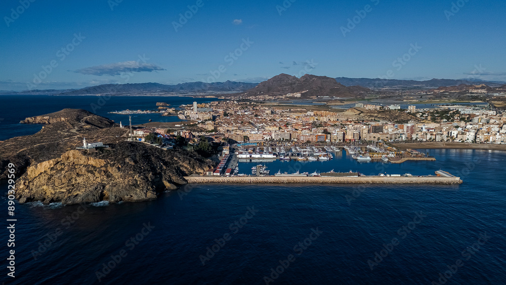 Naklejka premium Aerial view of the lighthouse and port of Mazarrón, Region of Murcia, Spain
