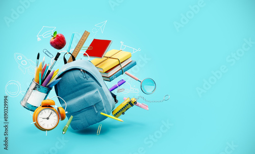 Blue backpack with alarm clock and school equipment. Back to school concept on blue background with copy space. 3D Rendering, 3D Illustration photo