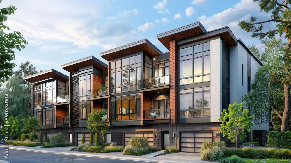 Generate a prompt for a photo realistic image of a minimalist urban townhouse with sleek facades, large windows, and integrated garage. 