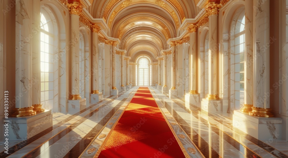 Obraz premium Sunlit Hallway With Red Carpet Leading to Open Doorway