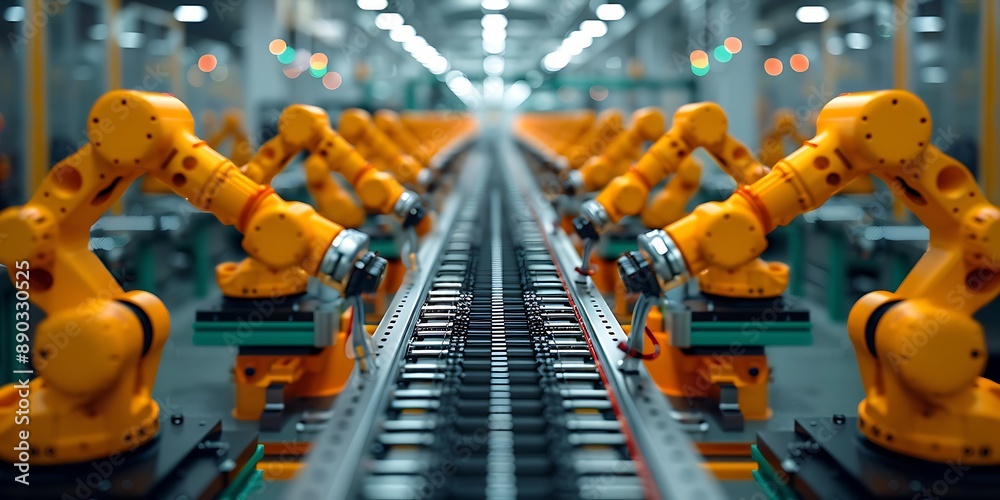 Fototapeta premium Robotic arm production line. Industrial background. 3d rendering.