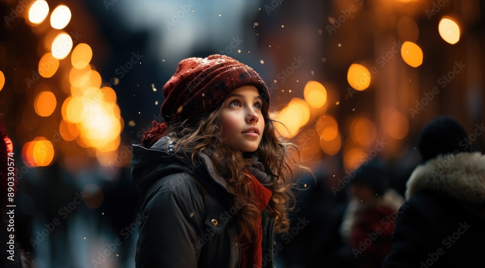 Young girl looking out to New Year fireworks. Happy new year 2025 and magic Christmas time concept Young girl looking out to New Year fireworks. Happy new year 2025 and magic Christmas time concept