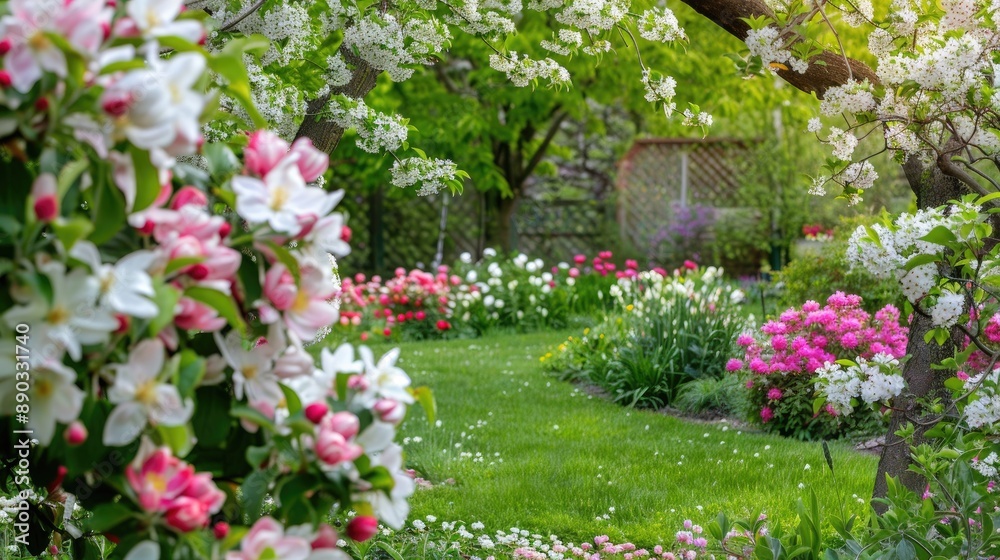 Gardens blooming with fragrant white and pink apple tree flowers Gardens blooming with fragrant white and pink apple tree flowers