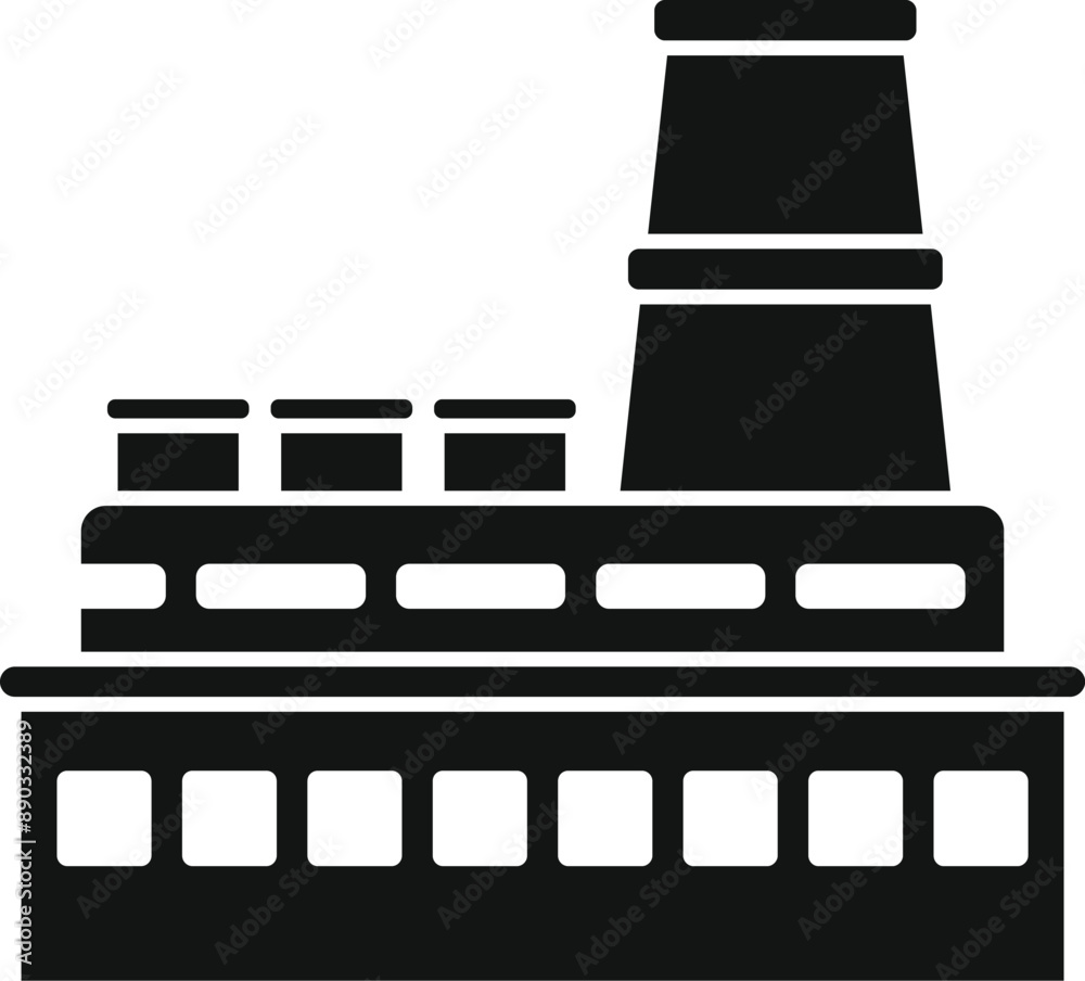 Black and white icon of an industrial factory building with a large chimney Black and white icon of an industrial factory building with a large chimney
