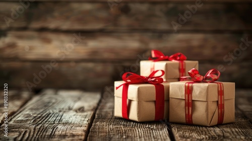 Gift boxes on wooden table background © Edvard