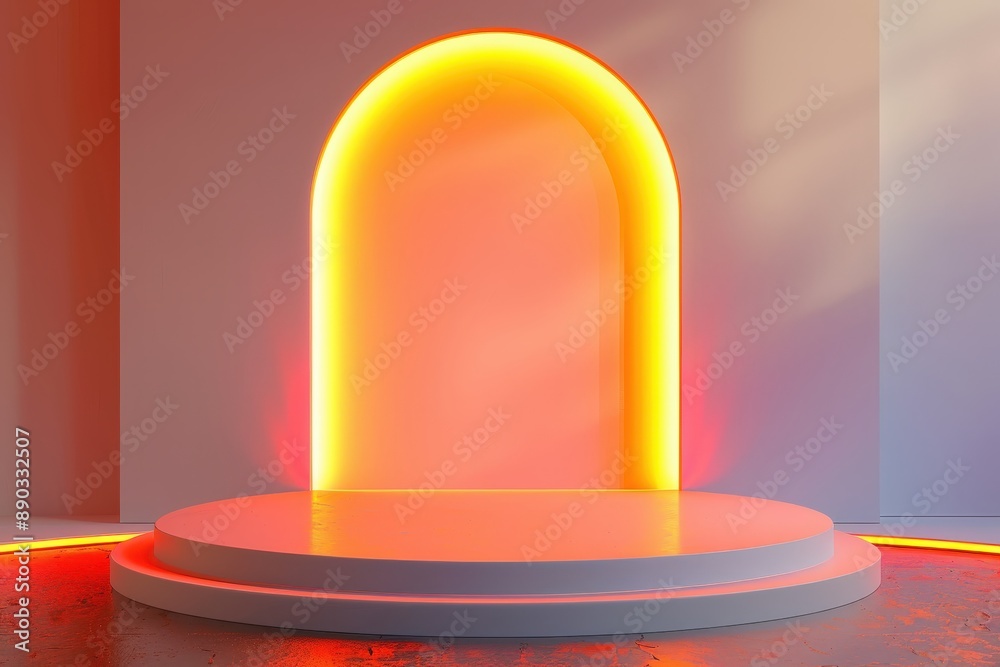 Modern Abstract 3D Render Background with Glowing Archway and Circular Platform