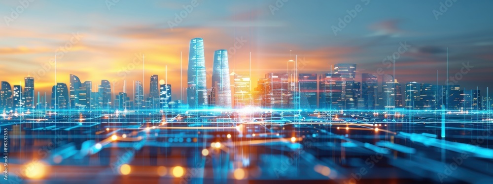 Naklejka premium Interactive digital spaces in modern urban developments, interactive space digital, futuristic city planning and digital integration