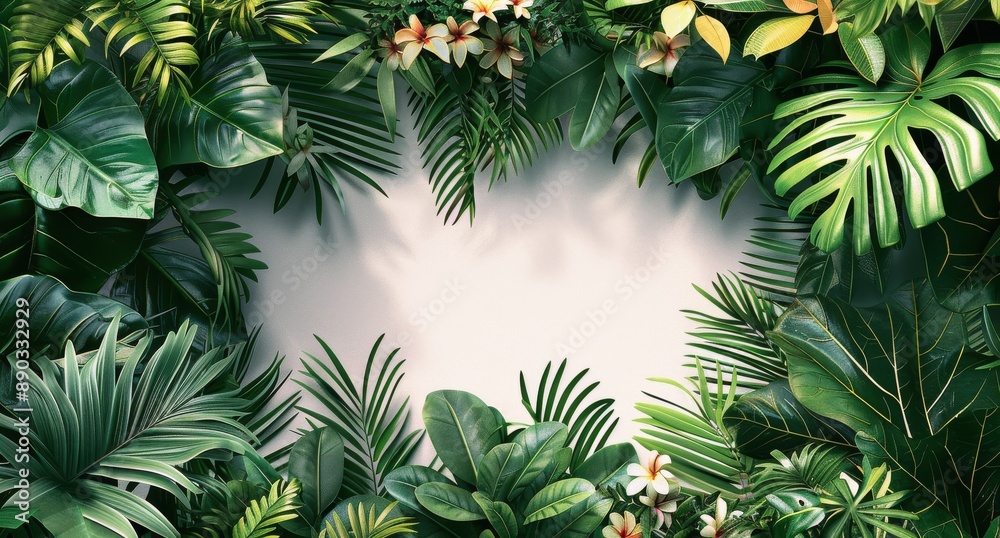 Lush Tropical Leaves and Flowers Frame a White Background Lush Tropical Leaves and Flowers Frame a White Background