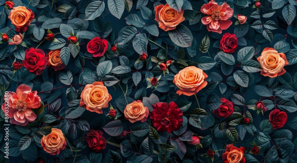 Orange Roses and Green Leaves Against a Dark Blue Background