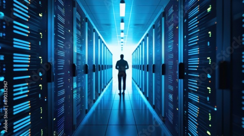 IT professional managing a secure server room, secure networks, hacking prevention