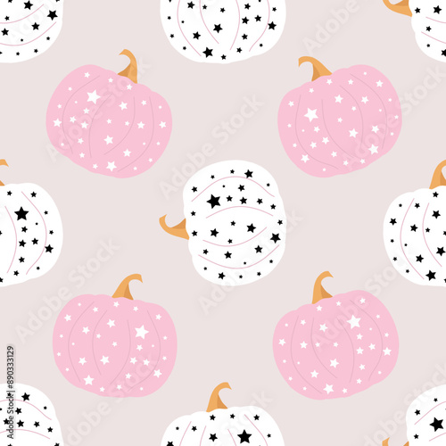 Stylized pink and white pumpkins with stars. Girly fashion design for fabric, textile, wrapping paper, scrapboking. Vector illustration.