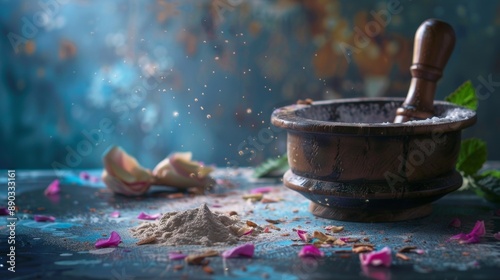 Mortar and pestle with aromatic spices