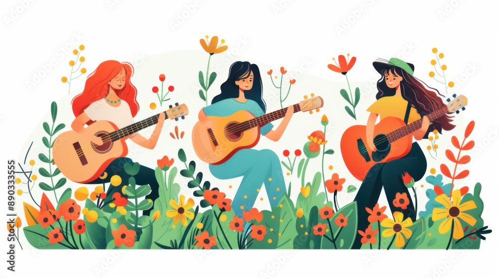 Obraz premium Illustration of three women playing guitars surrounded by colorful flowers, capturing a lively and cheerful outdoor scene.