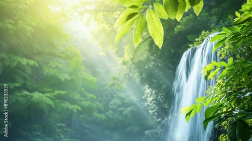 Majestic forest waterfall: A cascading waterfall surrounded by lush greenery and vibrant wildflowers, with sunlight filtering through the canopy.