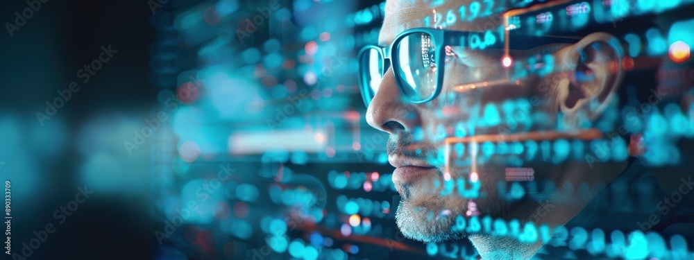 Man, double exposure, futuristic data encryption, dark background, holographic elements Man, double exposure, futuristic data encryption, dark background, holographic elements