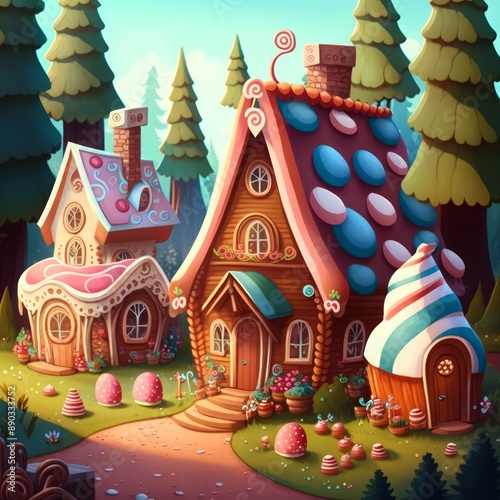 Psychedelic gingerbread house.Fairy tale background 