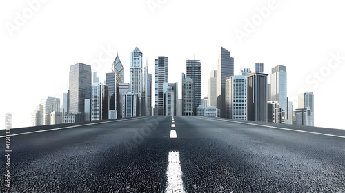 Empty road leading to a city skyline isolated on transparent background