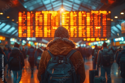 Passengers waiting in a crowded airport terminal with a large flight delay board displaying multiple cancellations.