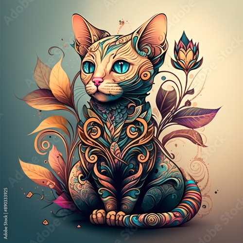 Zentangle stylized cute floral cat colored print.