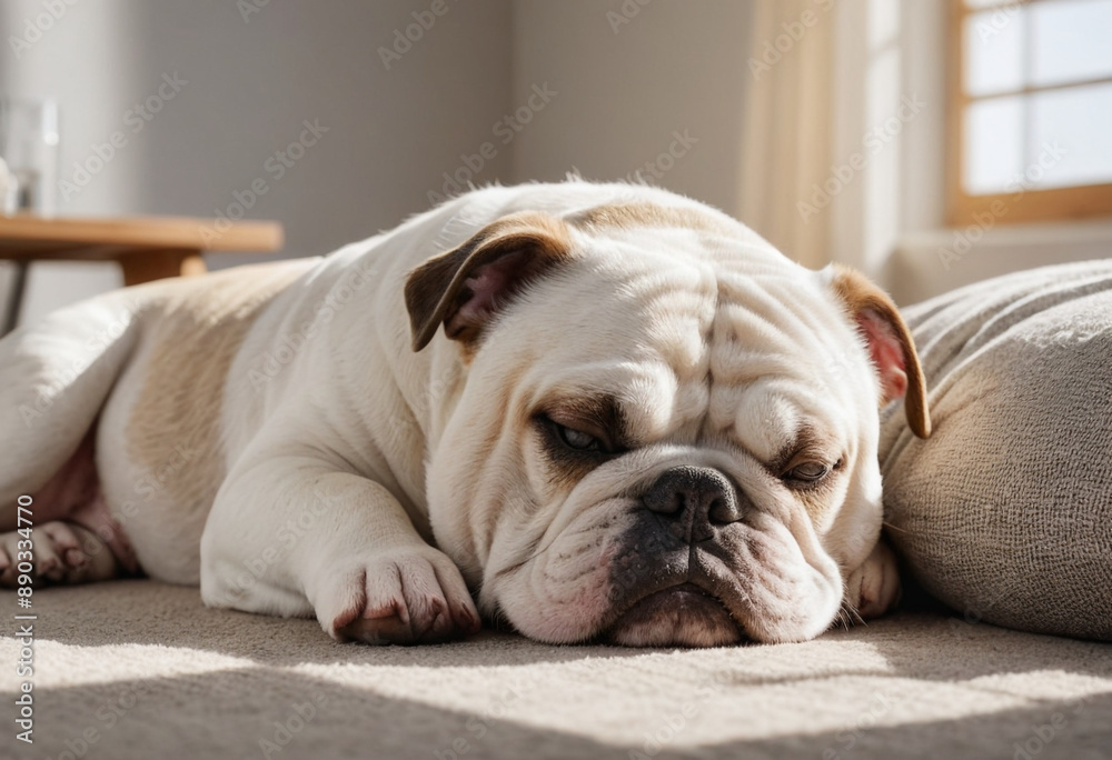 A cuddly Bulldog sleeping peacefully in a sunbeam. A cuddly Bulldog sleeping peacefully in a sunbeam.