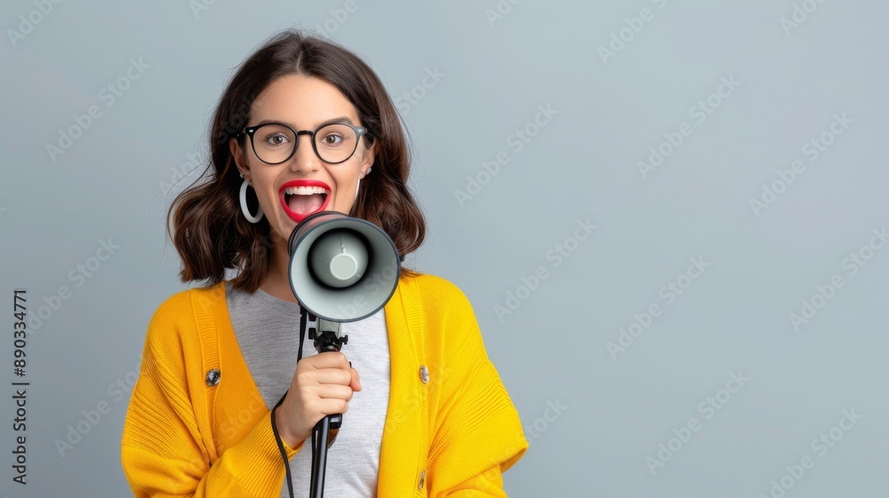 Fototapeta premium Young Woman in Yellow Cardigan Holding a Megaphone