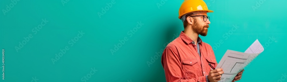 Construction worker reviewing blueprints on a teal background Construction worker reviewing blueprints on a teal background