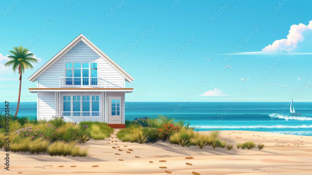A charming beachfront house overlooking the ocean, with a sandy path leading to the shore and a clear blue sky. A charming beachfront house overlooking the ocean, with a sandy path leading to the shore and a clear blue sky.