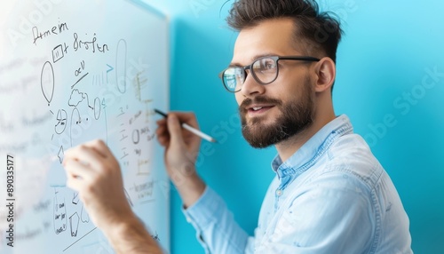 Man writing on a whiteboard in a blue office