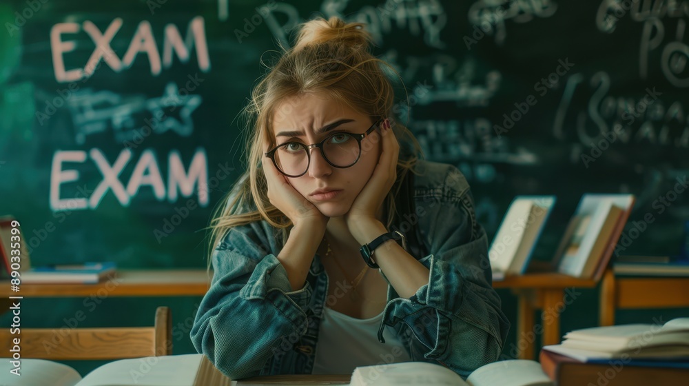 The stressed student in classroom The stressed student in classroom