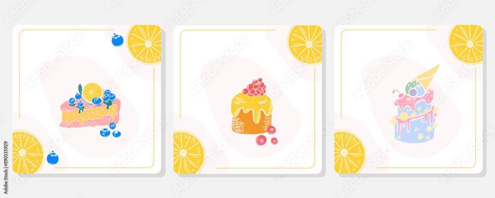 Fototapeta premium Cake poster design. Vector illustration card. Vintage greeting card with cake and berry 