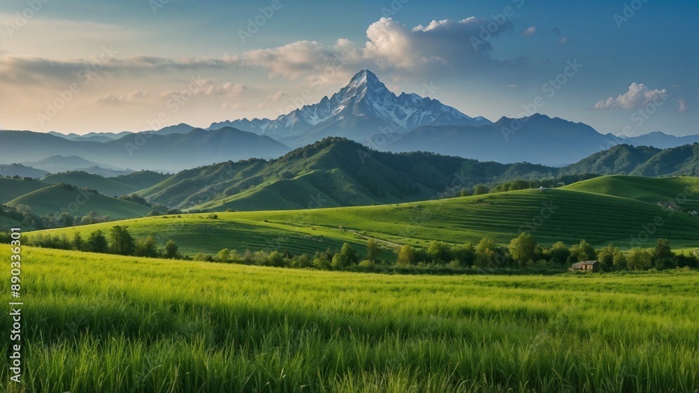 Fototapeta premium Pictures of vast green fields, rolling hills and small villages. located on a hill Behind are undulating mountains. The sky was a pinkish orange from the evening sun. This image showcases the beauty o