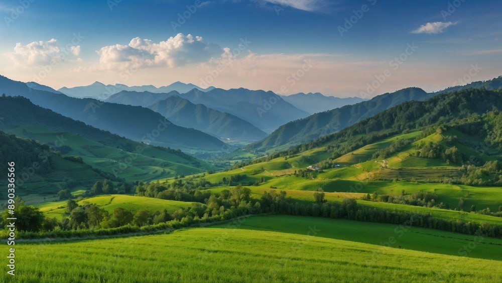 Obraz premium Pictures of vast green fields, rolling hills and small villages. located on a hill Behind are undulating mountains. The sky was a pinkish orange from the evening sun. This image showcases the beauty o