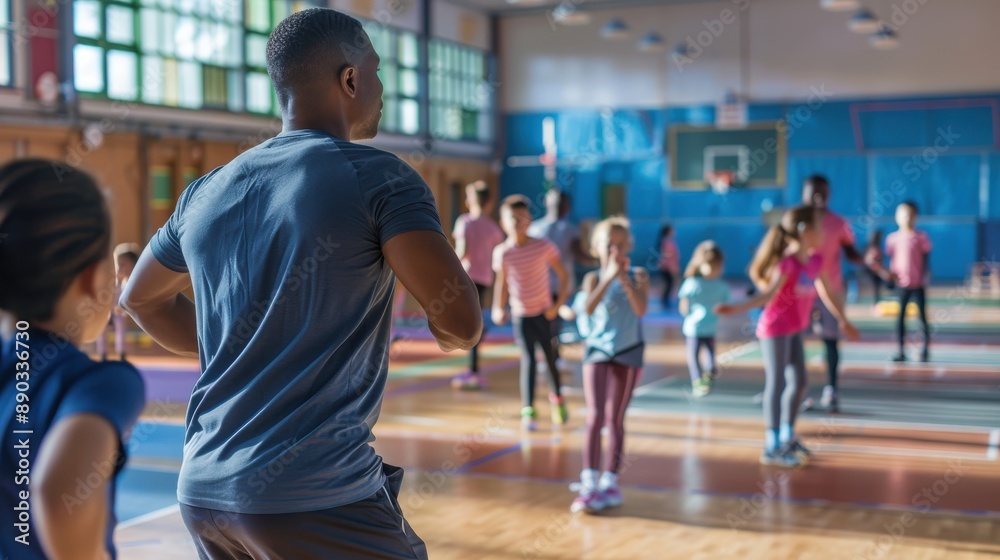 Motivated Teacher Leading Energetic Fitness Class in School Gymnasium with Engaged Students Doing Exercises Together Motivated Teacher Leading Energetic Fitness Class in School Gymnasium with Engaged Students Doing Exercises Together
