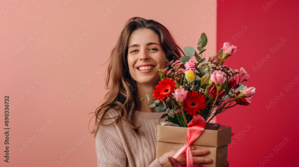 Portrait of a beautiful woman with flowers in her hands on a pink background. A smiling woman with a bouquet looks at the camera. Gifts and beauty concept. Portrait of a beautiful woman with flowers in her hands on a pink background. A smiling woman with a bouquet looks at the camera. Gifts and beauty concept.