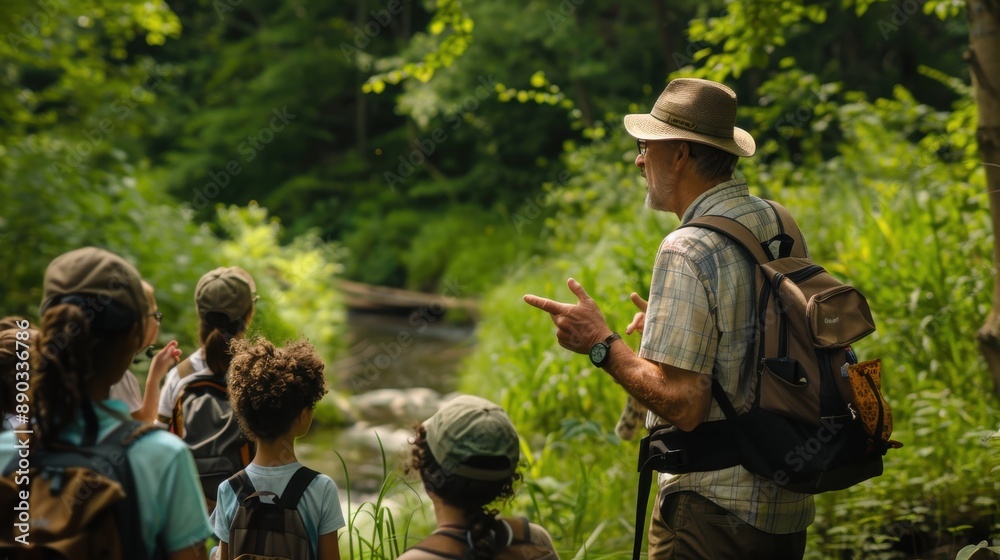 Fototapeta premium Engaging Outdoor Education: Educator Leading Nature Hike Amid Local Flora and Fauna in Scenic Environment