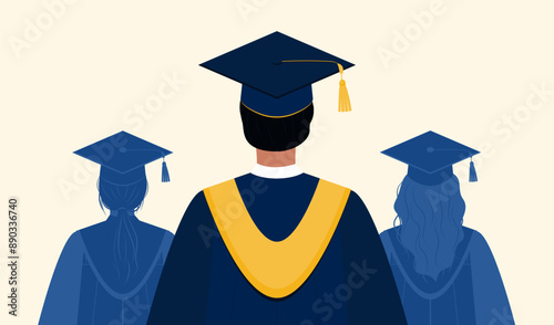 Back View of male student and silhouettes of graduates. Graduation persons wearing a cap and gown. College or university ceremony.
