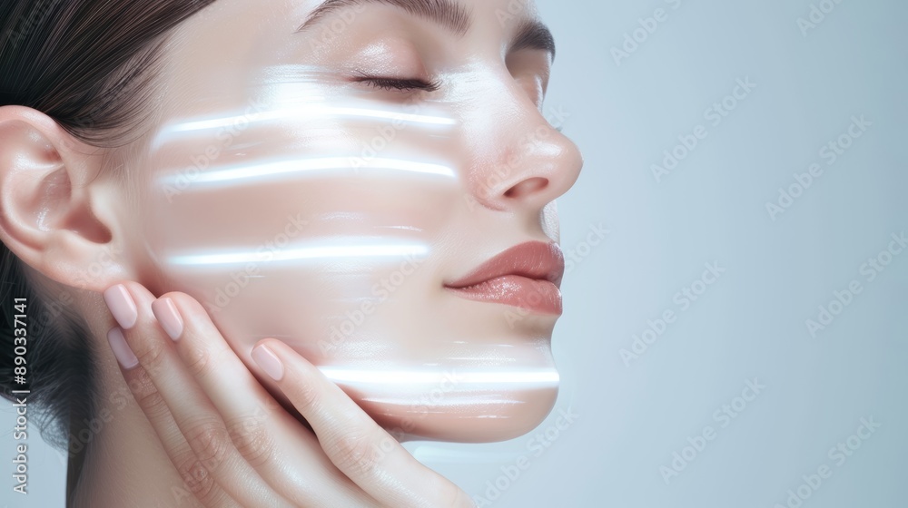 Model showcasing perfect skincare treatment, high resolution, light neutral background, futuristic elements, clear and sharp, elegant and sophisticated Model showcasing perfect skincare treatment, high resolution, light neutral background, futuristic elements, clear and sharp, elegant and sophisticated