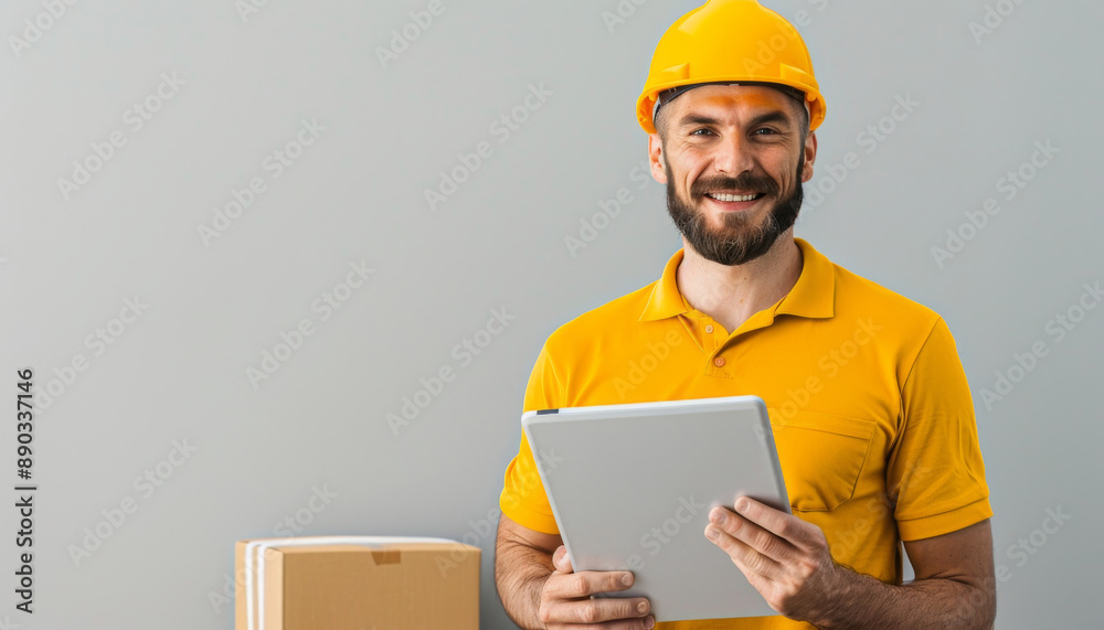 Delivery Man Holding a Tablet in Front of a Cardboard Box Delivery Man Holding a Tablet in Front of a Cardboard Box
