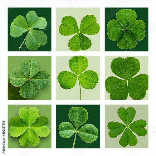 Kollektion von grünen Glücksklee- und Shamrock-Grafiken, isoliert auf weißem Hintergrund, Symbol für die Feierlichkeiten zum Saint Patrick's Day. photo