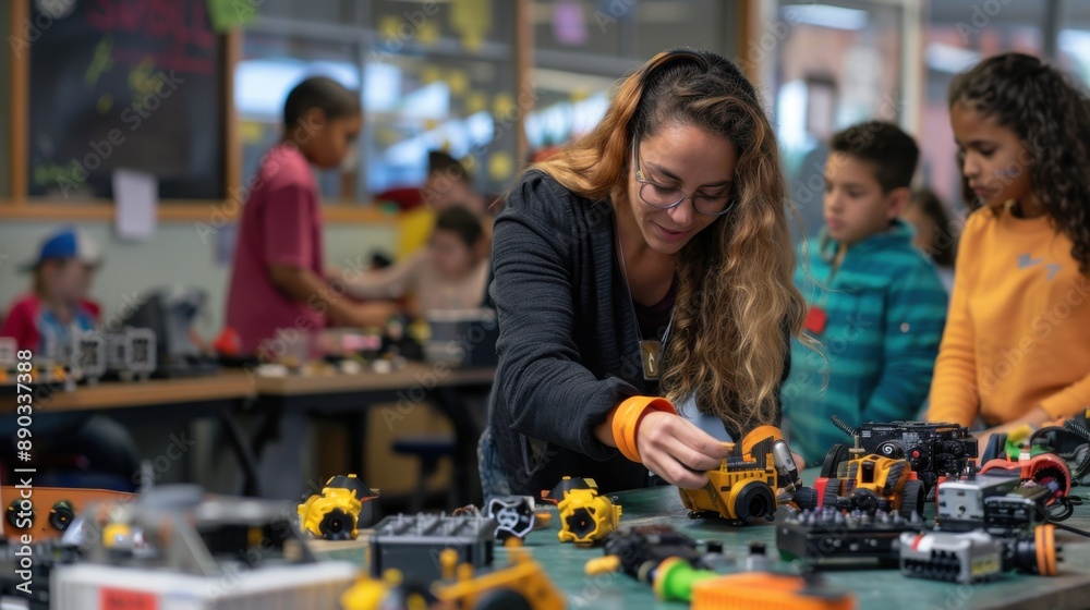 Engaging Students in a Robotics Project: Teacher Demonstrating with Tools and Parts on Workbenches Engaging Students in a Robotics Project: Teacher Demonstrating with Tools and Parts on Workbenches
