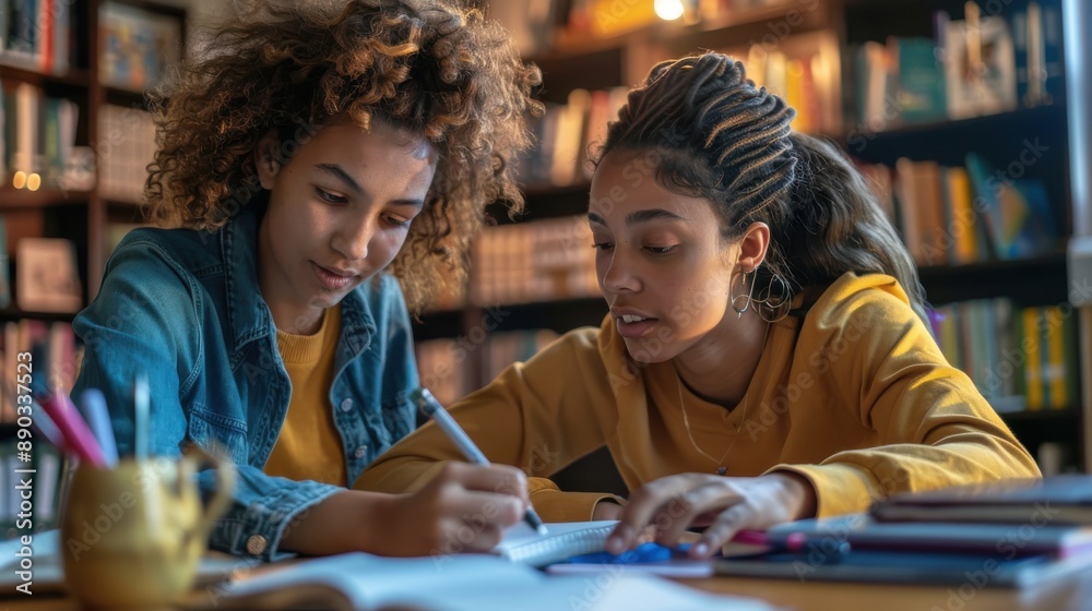 Fototapeta premium Dedicated Teacher Mentoring Student in Quiet Study Session with Personalized Guidance and Support